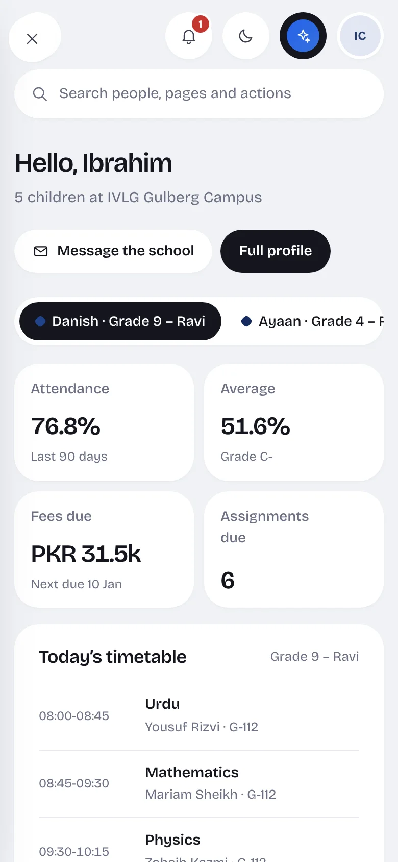 The parent app showing a child’s attendance, results and fees